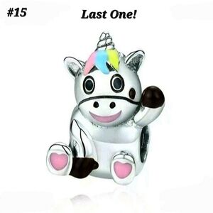#15 Silver Unicorn Rainbow Hair Pink Hearts Charm